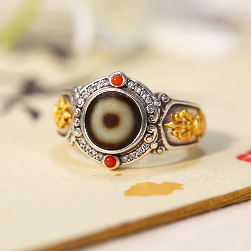 ZenWuxiang Single-Eye Agate Nanhong 925 Silver Adjustable Ring