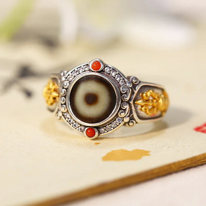 ZenWuxiang Single-Eye Agate Nanhong 925 Silver Adjustable Ring