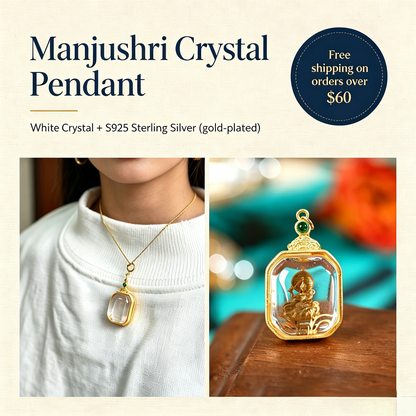 Manjushri Clear Quartz Crystal Pendant — Tibetan Buddhist Wisdom Deity Amulet for Clarity & Enlightenment