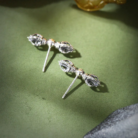 Vajra Dorje 925 Silver Tibetan Stud Earrings — Sacred Buddhist Symbol Earrings for Strength & Clarity
