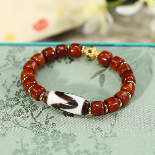 ZenWuxiang Ox Bone Tiger Tooth Dzi Bracelet with Copper Spacers