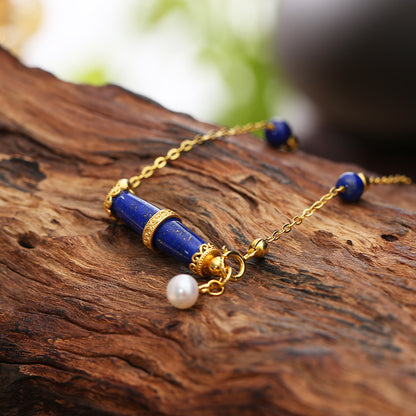 ZenWuxiang Lapis Lazuli Olive Silver Necklace (22x6mm)