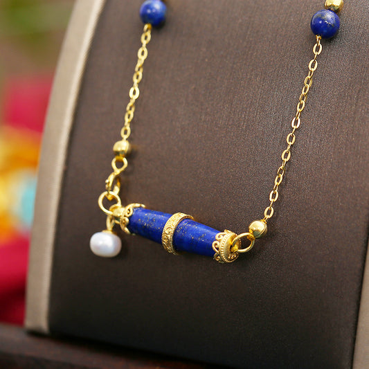 ZenWuxiang Lapis Lazuli Olive Silver Necklace (22x6mm)