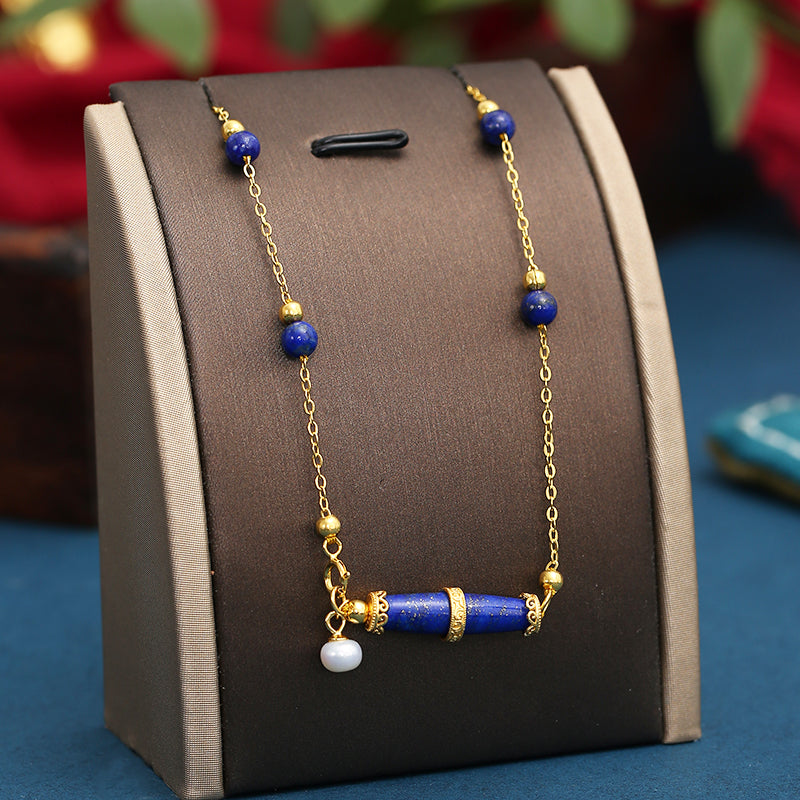 ZenWuxiang Lapis Lazuli Olive Silver Necklace (22x6mm)