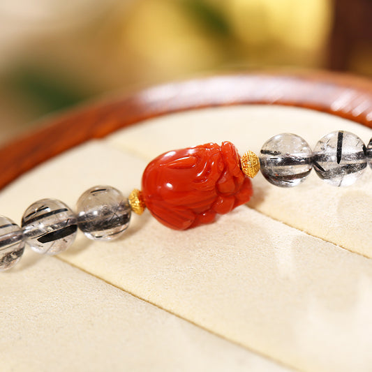 ZenWuxiang Black Rutilated Quartz Dzi Necklace with Silver Details