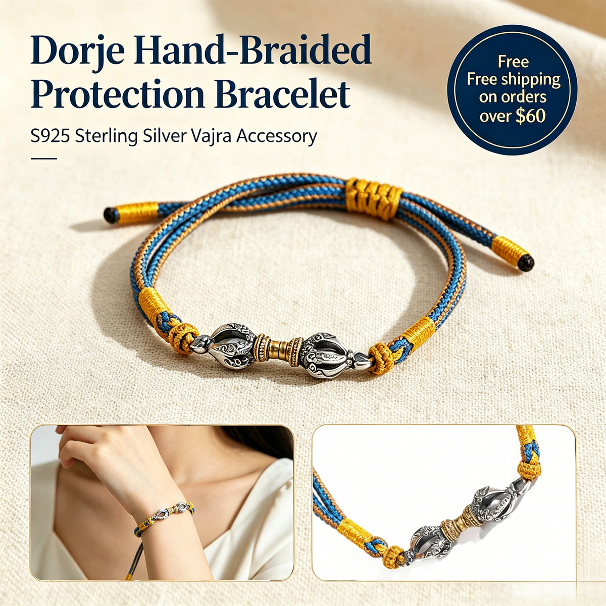 ZenWuxiang 925 Silver Vajra Dorje Spiritual Protection Bracelet - Tibetan Hand-Braided Mantra Cord for Strength & Abundance Manifestation