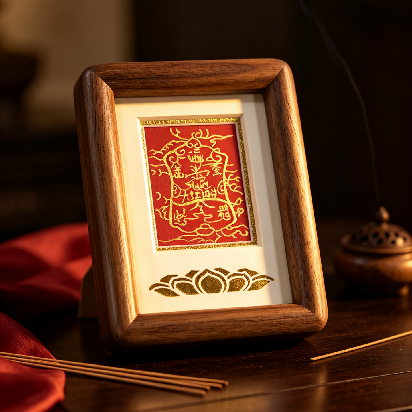 ZenWuxiang Walnut Wood Framed Blessing Art | Gold Foil Lotus Talisman Desk Decor