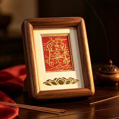 ZenWuxiang Walnut Wood Framed Blessing Art | Gold Foil Lotus Talisman Desk Decor