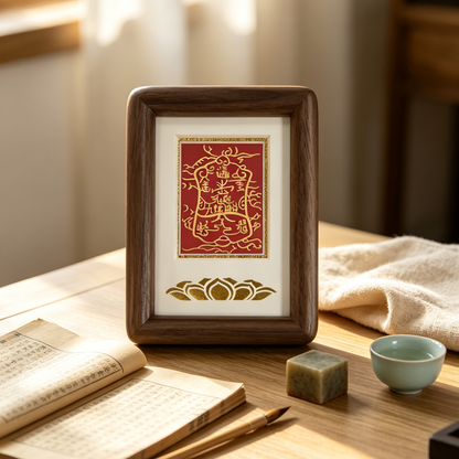 ZenWuxiang Walnut Wood Framed Blessing Art | Gold Foil Lotus Talisman Desk Decor