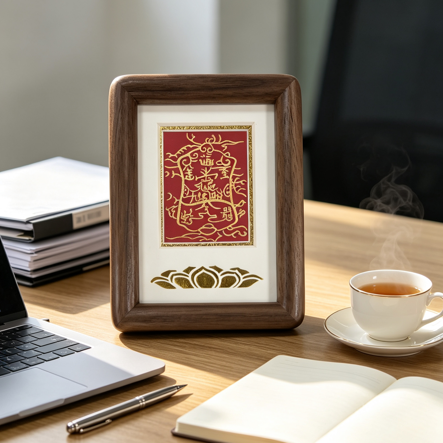 ZenWuxiang Walnut Wood Framed Blessing Art | Gold Foil Lotus Talisman Desk Decor