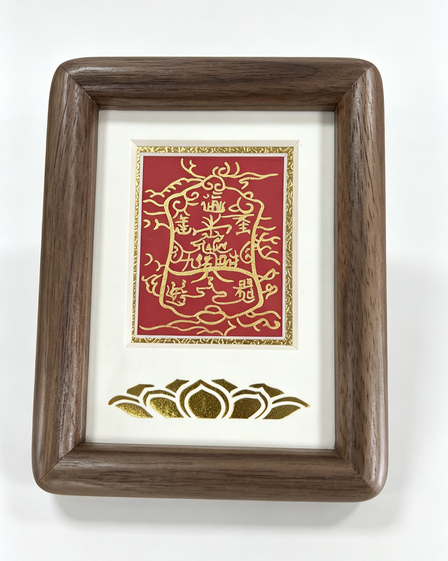 ZenWuxiang Walnut Wood Framed Blessing Art | Gold Foil Lotus Talisman Desk Decor