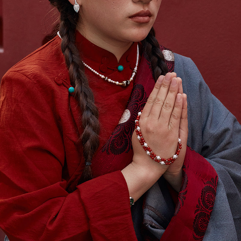 ZenWuxiang “Snowfield Dawn Series” Pearl & Red Agate Necklace