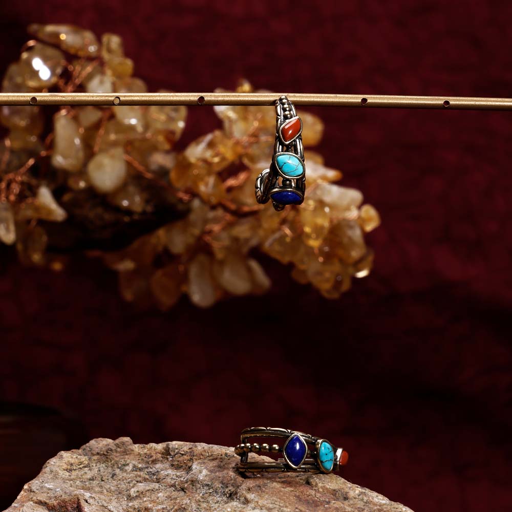 ZenWuxiang Tibetan Mani Stone Hoop Earrings for Women, Vintage Brass with Natural Turquoise, Lapis Lazuli & Red Jasper, Ethnic Boho Tibetan Style Jewelry
