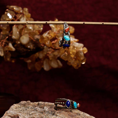 ZenWuxiang Tibetan Mani Stone Hoop Earrings for Women, Vintage Brass with Natural Turquoise, Lapis Lazuli & Red Jasper, Ethnic Boho Tibetan Style Jewelry