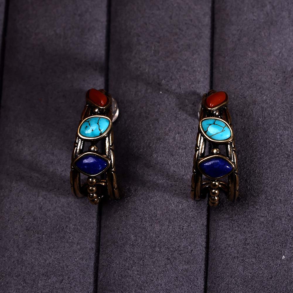 ZenWuxiang Tibetan Mani Stone Hoop Earrings for Women, Vintage Brass with Natural Turquoise, Lapis Lazuli & Red Jasper, Ethnic Boho Tibetan Style Jewelry