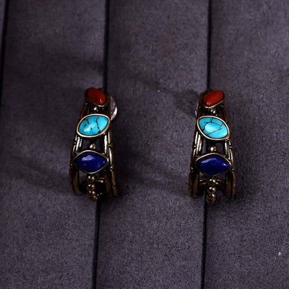 ZenWuxiang Tibetan Mani Stone Hoop Earrings for Women, Vintage Brass with Natural Turquoise, Lapis Lazuli & Red Jasper, Ethnic Boho Tibetan Style Jewelry