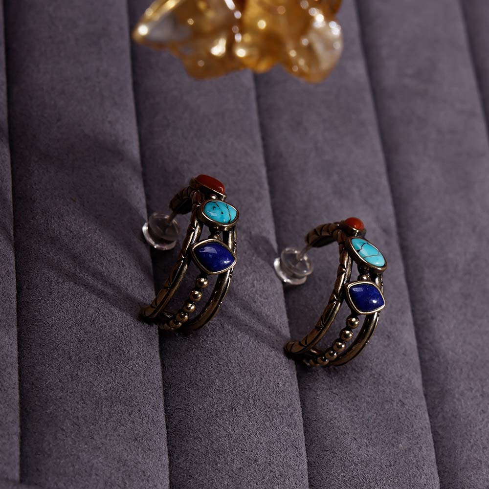 ZenWuxiang Tibetan Mani Stone Hoop Earrings for Women, Vintage Brass with Natural Turquoise, Lapis Lazuli & Red Jasper, Ethnic Boho Tibetan Style Jewelry