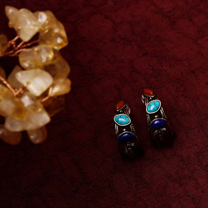 ZenWuxiang Tibetan Mani Stone Hoop Earrings for Women, Vintage Brass with Natural Turquoise, Lapis Lazuli & Red Jasper, Ethnic Boho Tibetan Style Jewelry