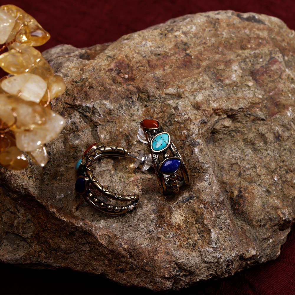 ZenWuxiang Tibetan Mani Stone Hoop Earrings for Women, Vintage Brass with Natural Turquoise, Lapis Lazuli & Red Jasper, Ethnic Boho Tibetan Style Jewelry