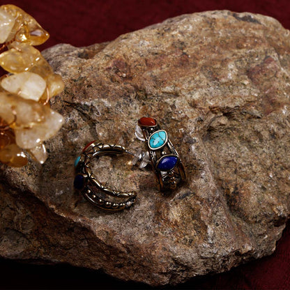 ZenWuxiang Tibetan Mani Stone Hoop Earrings for Women, Vintage Brass with Natural Turquoise, Lapis Lazuli & Red Jasper, Ethnic Boho Tibetan Style Jewelry