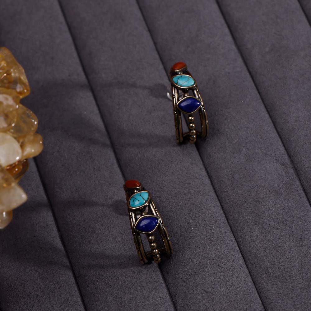 ZenWuxiang Tibetan Mani Stone Hoop Earrings for Women, Vintage Brass with Natural Turquoise, Lapis Lazuli & Red Jasper, Ethnic Boho Tibetan Style Jewelry