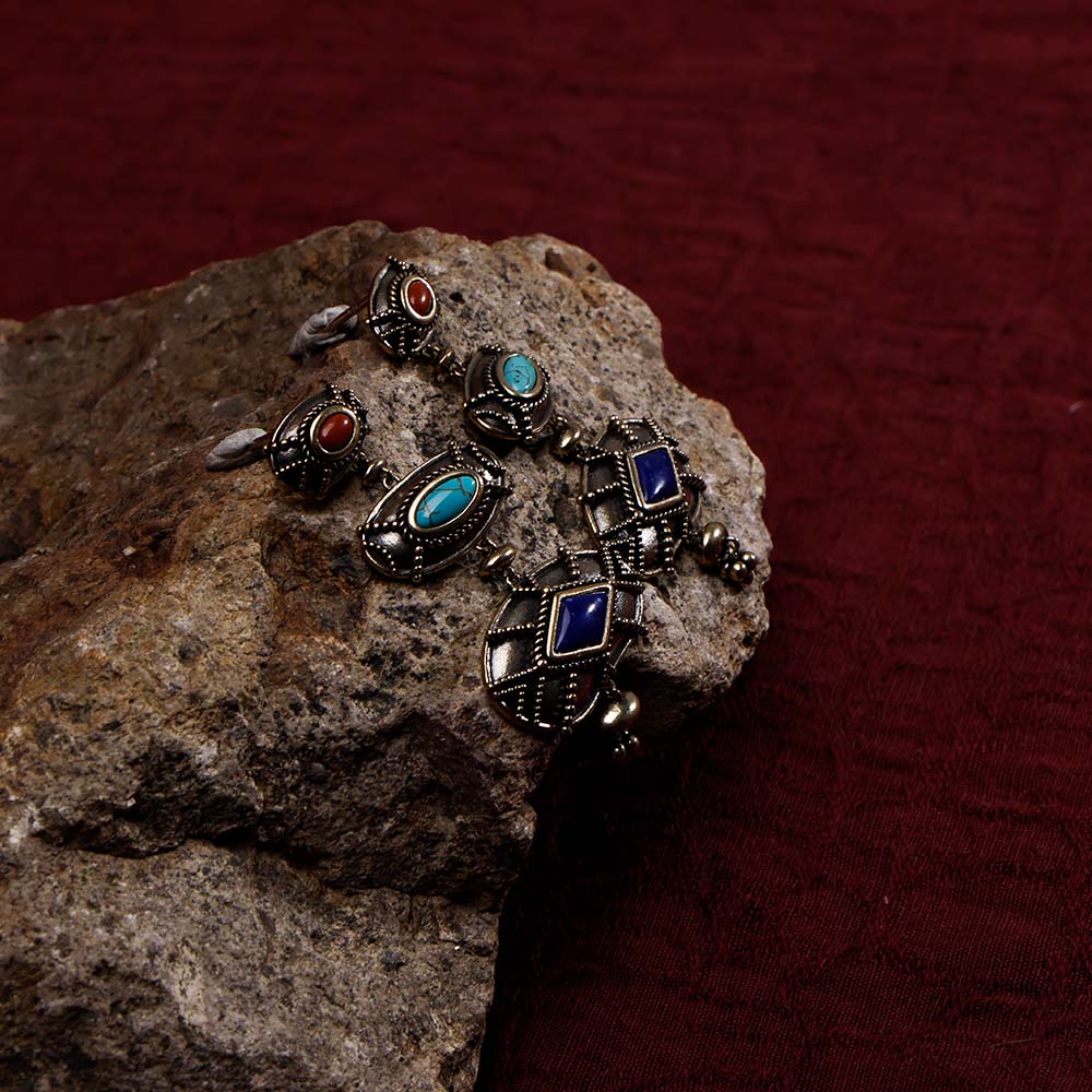 ZenWuxiang Tibetan Mani Stone Long Hoop Earrings for Women, Vintage Brass with Natural Turquoise, Lapis Lazuli & Red Jasper, Ethnic Boho Tibetan Style Jewelry