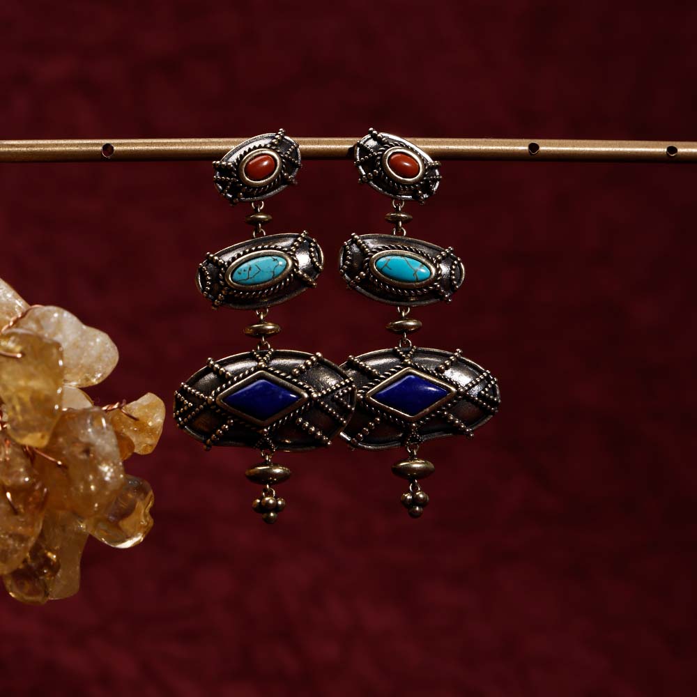 ZenWuxiang Tibetan Mani Stone Long Hoop Earrings for Women, Vintage Brass with Natural Turquoise, Lapis Lazuli & Red Jasper, Ethnic Boho Tibetan Style Jewelry