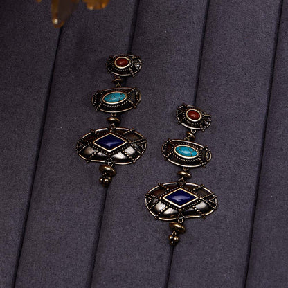 ZenWuxiang Tibetan Mani Stone Long Hoop Earrings for Women, Vintage Brass with Natural Turquoise, Lapis Lazuli & Red Jasper, Ethnic Boho Tibetan Style Jewelry