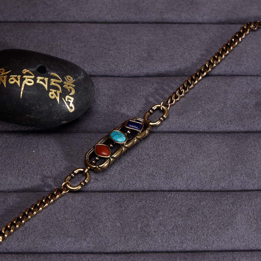 ZenWuxiang Tibetan Mani Stone Bracelet, Vintage Brass Chain Link Bracelet with Natural Turquoise, Lapis Lazuli & Red Jasper, Ethnic Boho Tibetan Protection Jewelry