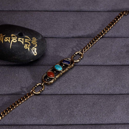 ZenWuxiang Tibetan Mani Stone Bracelet, Vintage Brass Chain Link Bracelet with Natural Turquoise, Lapis Lazuli & Red Jasper, Ethnic Boho Tibetan Protection Jewelry