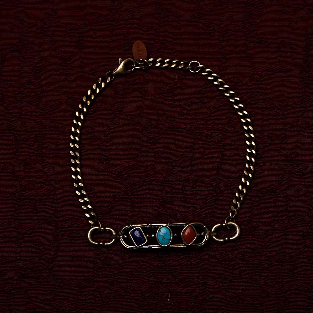 ZenWuxiang Tibetan Mani Stone Bracelet, Vintage Brass Chain Link Bracelet with Natural Turquoise, Lapis Lazuli & Red Jasper, Ethnic Boho Tibetan Protection Jewelry