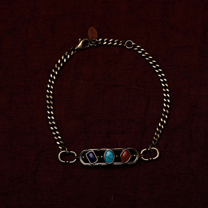 ZenWuxiang Tibetan Mani Stone Bracelet, Vintage Brass Chain Link Bracelet with Natural Turquoise, Lapis Lazuli & Red Jasper, Ethnic Boho Tibetan Protection Jewelry