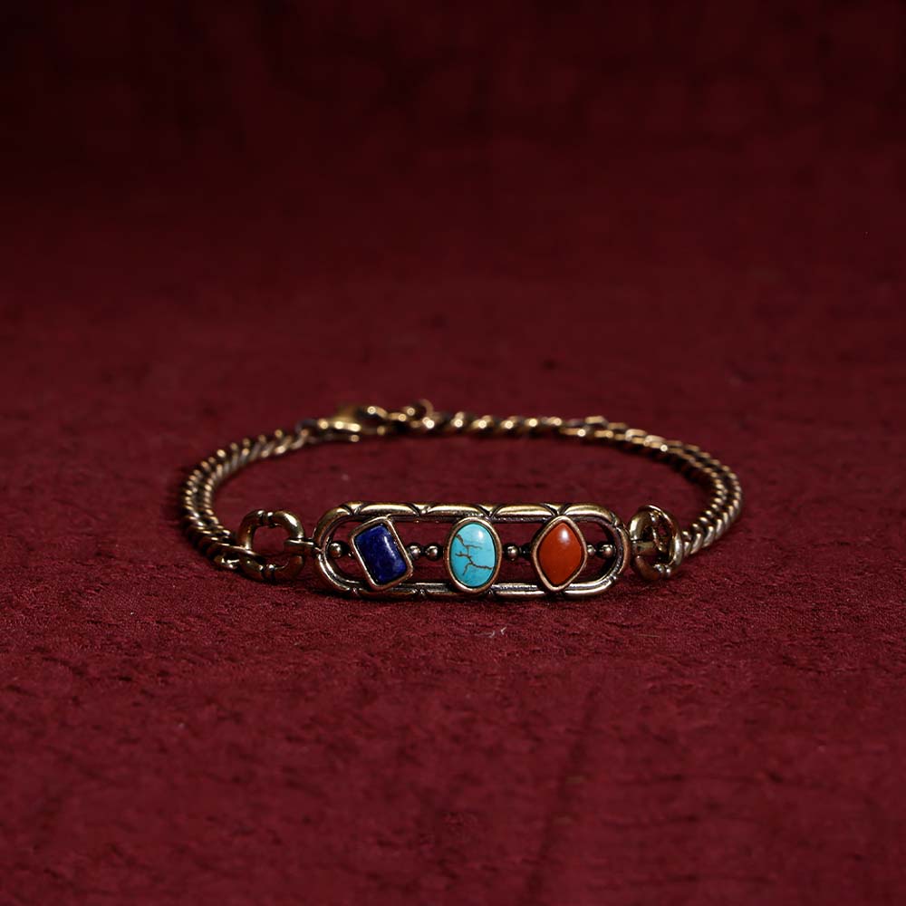 ZenWuxiang Tibetan Mani Stone Bracelet, Vintage Brass Chain Link Bracelet with Natural Turquoise, Lapis Lazuli & Red Jasper, Ethnic Boho Tibetan Protection Jewelry