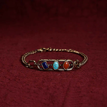ZenWuxiang Tibetan Mani Stone Bracelet, Vintage Brass Chain Link Bracelet with Natural Turquoise, Lapis Lazuli & Red Jasper, Ethnic Boho Tibetan Protection Jewelry