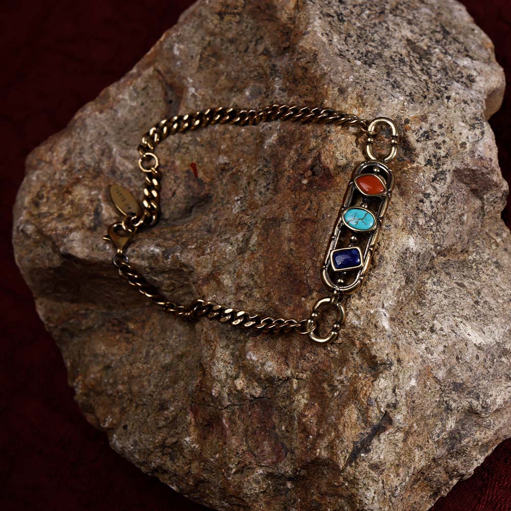 ZenWuxiang Tibetan Mani Stone Bracelet, Vintage Brass Chain Link Bracelet with Natural Turquoise, Lapis Lazuli & Red Jasper, Ethnic Boho Tibetan Protection Jewelry