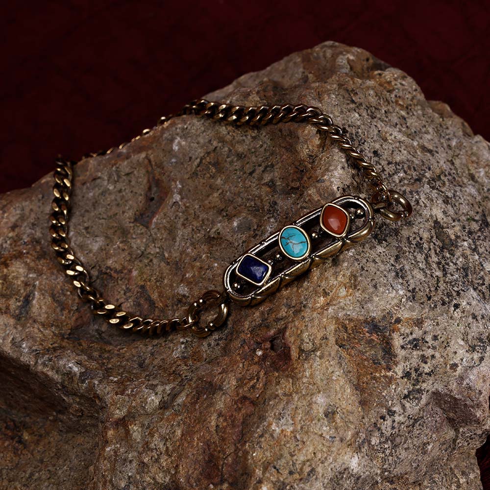 ZenWuxiang Tibetan Mani Stone Bracelet, Vintage Brass Chain Link Bracelet with Natural Turquoise, Lapis Lazuli & Red Jasper, Ethnic Boho Tibetan Protection Jewelry