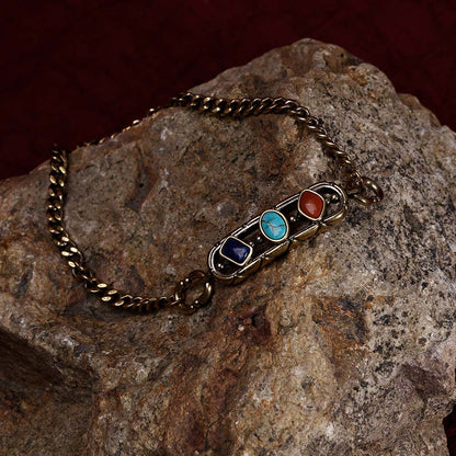 ZenWuxiang Tibetan Mani Stone Bracelet, Vintage Brass Chain Link Bracelet with Natural Turquoise, Lapis Lazuli & Red Jasper, Ethnic Boho Tibetan Protection Jewelry