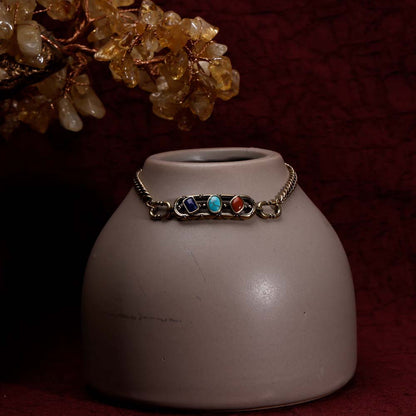 ZenWuxiang Tibetan Mani Stone Bracelet, Vintage Brass Chain Link Bracelet with Natural Turquoise, Lapis Lazuli & Red Jasper, Ethnic Boho Tibetan Protection Jewelry