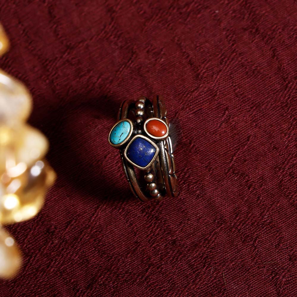 ZenWuxiang Tibetan Mani Stone Ring for Women, Vintage Brass with Natural Turquoise, Lapis Lazuli & Red Jasper, Ethnic Boho Tibetan Style Statement Ring