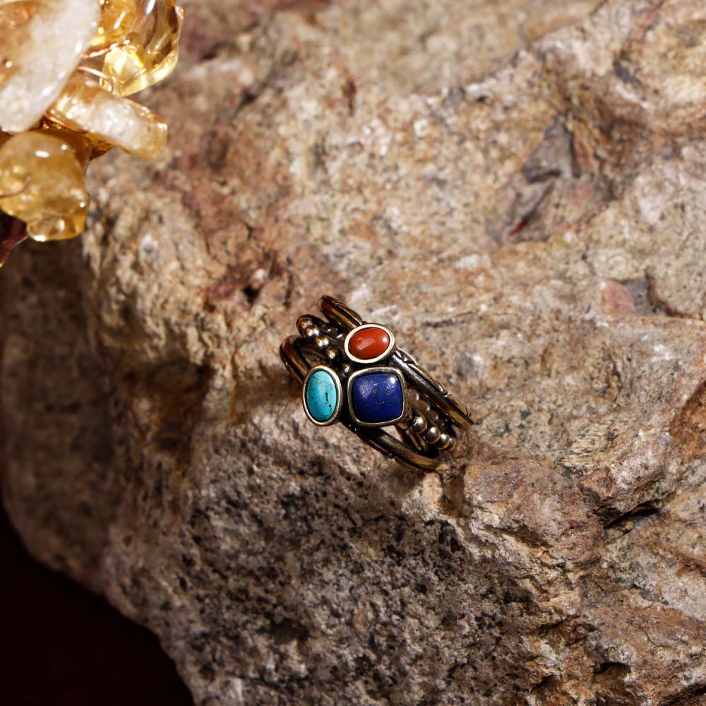 ZenWuxiang Tibetan Mani Stone Ring for Women, Vintage Brass with Natural Turquoise, Lapis Lazuli & Red Jasper, Ethnic Boho Tibetan Style Statement Ring