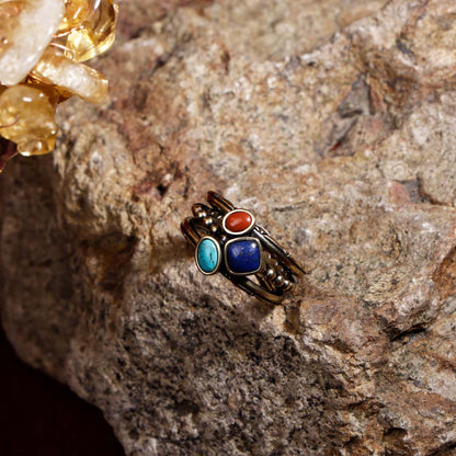 ZenWuxiang Tibetan Mani Stone Ring for Women, Vintage Brass with Natural Turquoise, Lapis Lazuli & Red Jasper, Ethnic Boho Tibetan Style Statement Ring