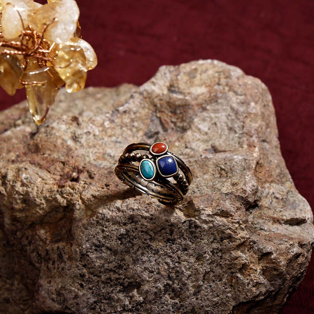 ZenWuxiang Tibetan Mani Stone Ring for Women, Vintage Brass with Natural Turquoise, Lapis Lazuli & Red Jasper, Ethnic Boho Tibetan Style Statement Ring