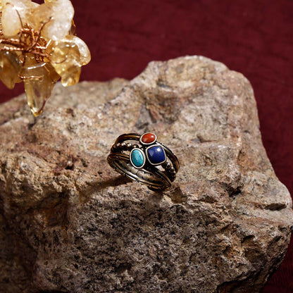 ZenWuxiang Tibetan Mani Stone Ring for Women, Vintage Brass with Natural Turquoise, Lapis Lazuli & Red Jasper, Ethnic Boho Tibetan Style Statement Ring