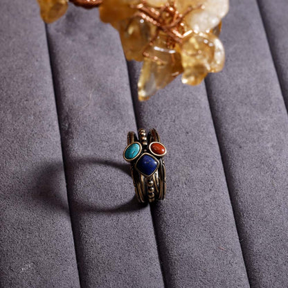 ZenWuxiang Tibetan Mani Stone Ring for Women, Vintage Brass with Natural Turquoise, Lapis Lazuli & Red Jasper, Ethnic Boho Tibetan Style Statement Ring