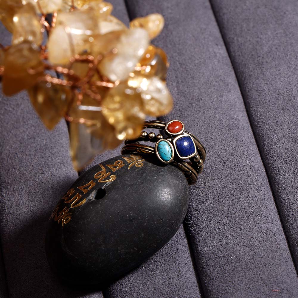 ZenWuxiang Tibetan Mani Stone Ring for Women, Vintage Brass with Natural Turquoise, Lapis Lazuli & Red Jasper, Ethnic Boho Tibetan Style Statement Ring
