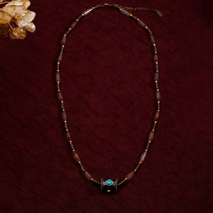ZenWuxiang Tibetan Mani Stone Agate Necklace, Boho Ethnic Necklace with Natural Agate Beads, Lulutong Bead & Brass Charm, Vintage Tibetan Protection Jewelry