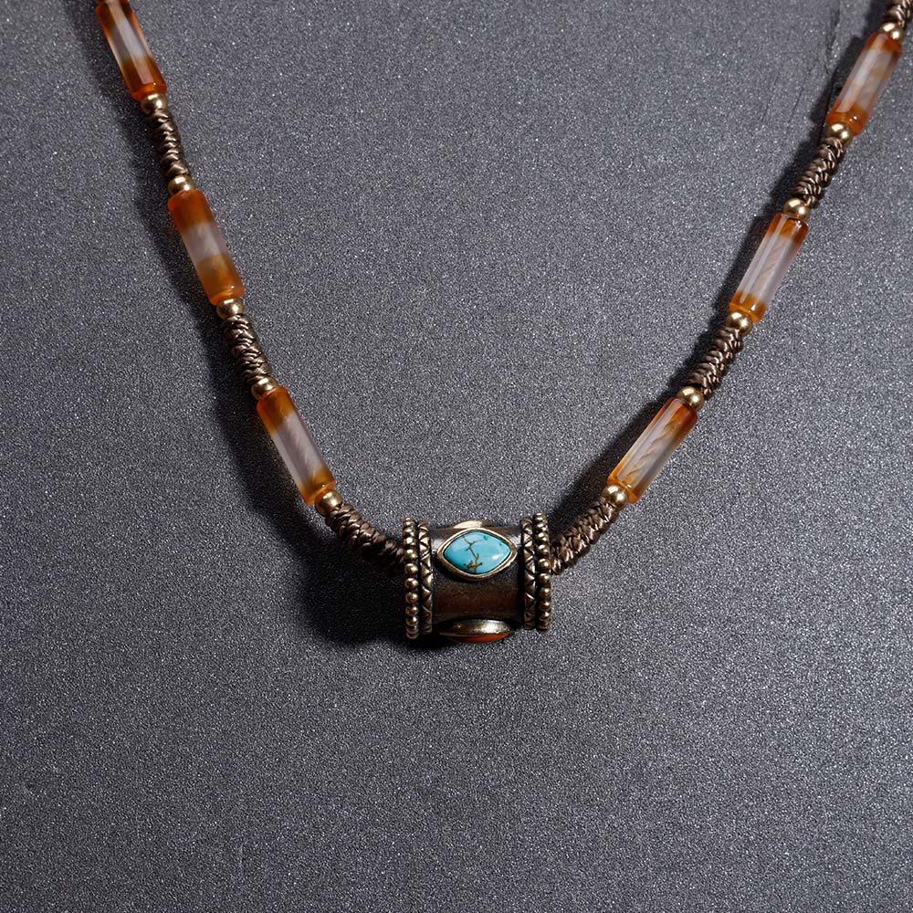 ZenWuxiang Tibetan Mani Stone Agate Necklace, Boho Ethnic Necklace with Natural Agate Beads, Lulutong Bead & Brass Charm, Vintage Tibetan Protection Jewelry