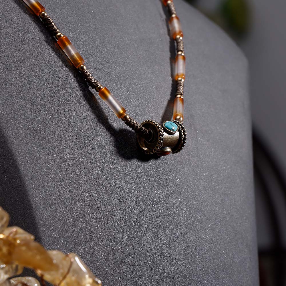 ZenWuxiang Tibetan Mani Stone Agate Necklace, Boho Ethnic Necklace with Natural Agate Beads, Lulutong Bead & Brass Charm, Vintage Tibetan Protection Jewelry