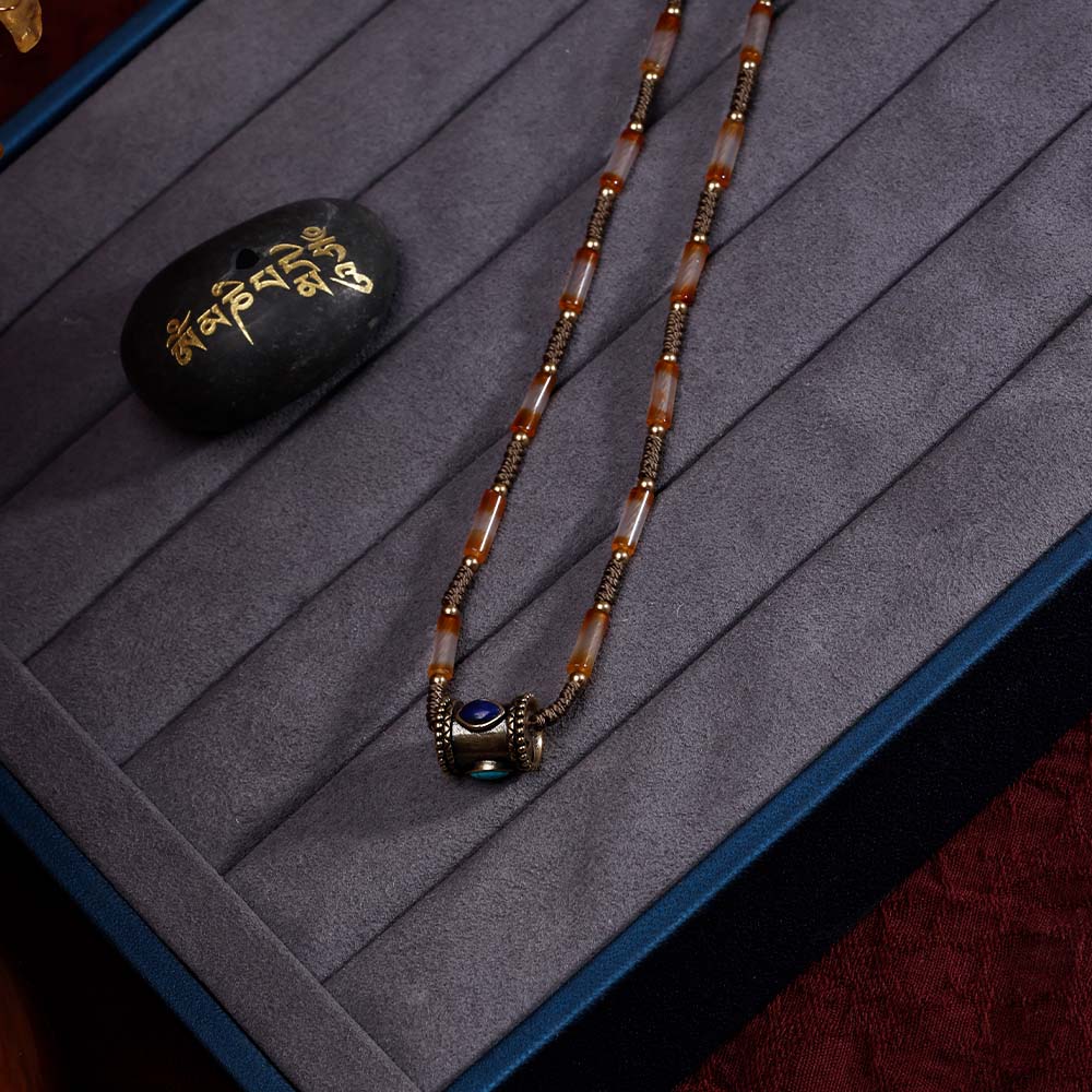 ZenWuxiang Tibetan Mani Stone Agate Necklace, Boho Ethnic Necklace with Natural Agate Beads, Lulutong Bead & Brass Charm, Vintage Tibetan Protection Jewelry