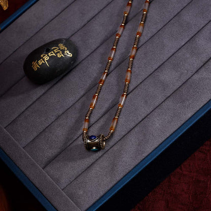 ZenWuxiang Tibetan Mani Stone Agate Necklace, Boho Ethnic Necklace with Natural Agate Beads, Lulutong Bead & Brass Charm, Vintage Tibetan Protection Jewelry